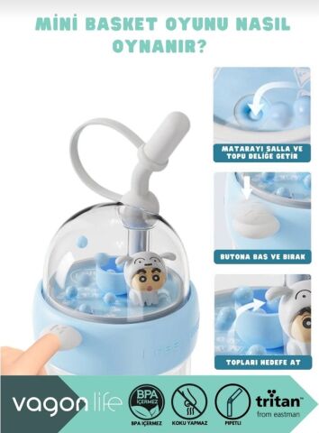 VAGONLİFE 620 ml Basketbol Oyunlu Kapak Pipetli El Askılı Tritan Su Matarası Suluk