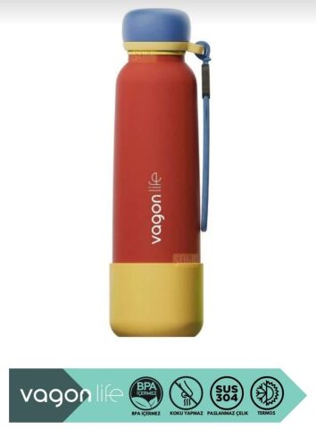 VAGONLİFE 750ml Düz Desenli Pipetli/Pipetsiz Kullanım İpli El Askılı Kaymaz Tabanlı Paslanmaz Çelik Termos