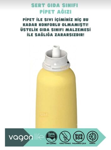 VAGONLİFE 750ml Düz Desenli Pipetli/Pipetsiz Kullanım İpli El Askılı Kaymaz Tabanlı Paslanmaz Çelik Termos