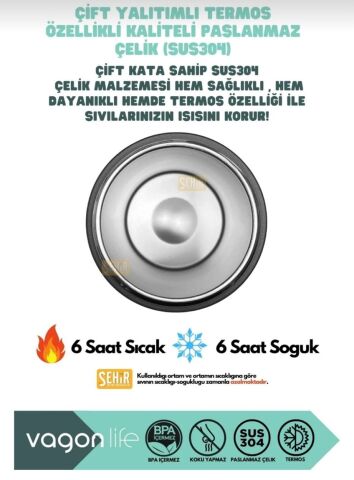 VAGONLİFE 750ml Düz Desenli Pipetli/Pipetsiz Kullanım İpli El Askılı Kaymaz Tabanlı Paslanmaz Çelik Termos