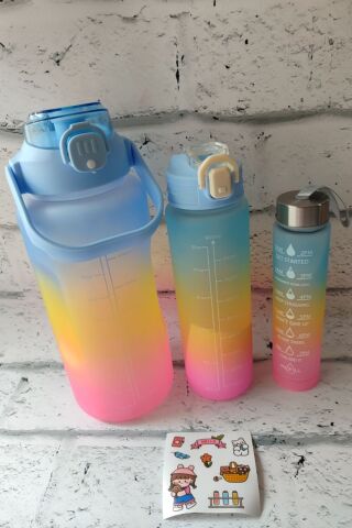 Motivasyon Su Matarası 3lü Matara 2 Litre + 900 Ml+ 500 Ml Yavrulu Sporcu Matarası Mavi