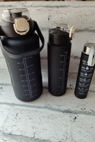 Motivasyon Su Matarası 3lü Matara 2 Litre + 900 Ml+ 500 Ml Yavrulu Sporcu Matarası Siyah-Beyaz