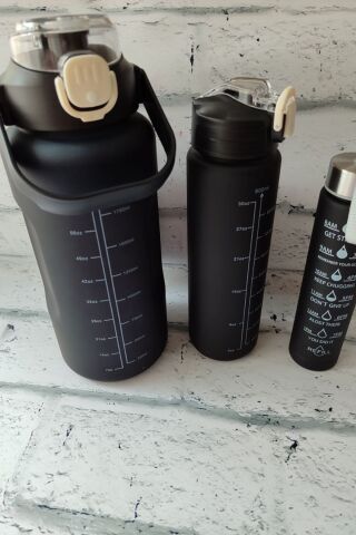 Motivasyon Su Matarası 3lü Matara 2 Litre + 900 Ml+ 500 Ml Yavrulu Sporcu Matarası Siyah-Beyaz