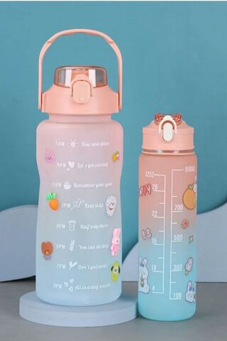 Motivasyon Su Matarası 3lü Matara 2 Litre + 900 Ml+ 500 Ml Yavrulu Sporcu Matarası Turuncu-Mavi