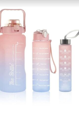 Motivasyon Su Matarası 3lü Matara 2 Litre + 900 Ml+ 500 Ml Yavrulu Sporcu Matarası Turuncu-Mavi