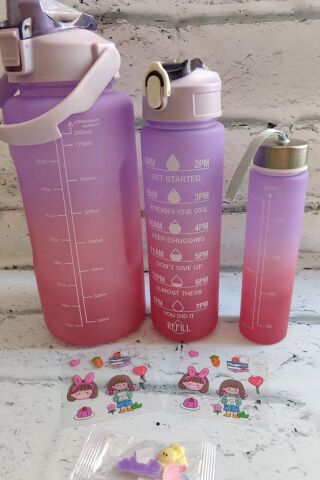 Motivasyon Su Matarası 3lü Matara 2 Litre + 900 Ml+ 500 Ml Yavrulu Sporcu Matarası Mor-Lila