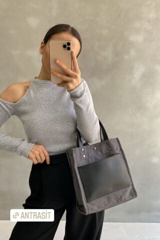 Keten Deri Garnili Kadın Çapraz Çanta Kol Çantası Bez Çantası Antrasit - Tek Ebat