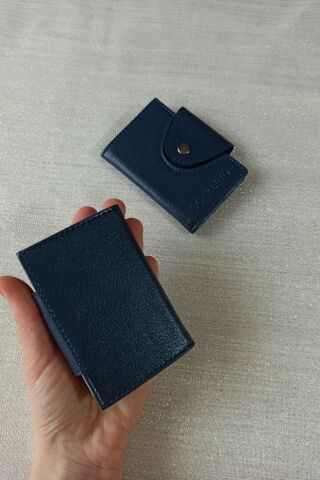 Suni Deri Erkek Kadın Akordiyon Kartlık Lacivert - Tek Ebat