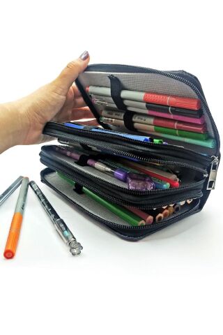 Kalem Kutusu Black Pink Blink Organizer Kalem Kutu Vegan Deri 3 Bölmeli 1 ADET Siyah-Mavi
