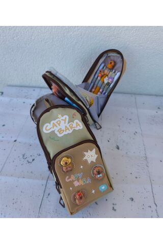 3 Fermuarlı 6 Gözlü 3D Stickerlı Geniş Capybara Ithal Kalemlik 1 Adet Kahverengi-Yeşil