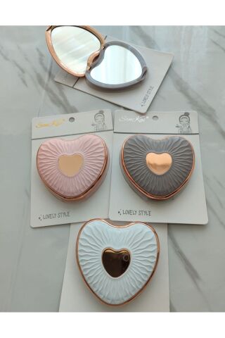 Kalp Desenli Çanta Aynası Makyaj Aynası Cep Ayna Katlanır Ayna Pembe - 8 x 8