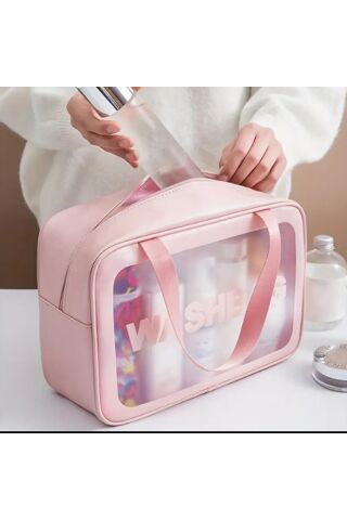 3 lü SET SEYEHAT MAKYAJ ÇANTASI ŞEFFAF ÇANTA PEMBE