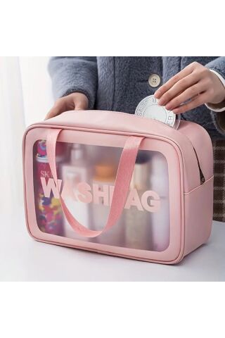 3 lü SET SEYEHAT MAKYAJ ÇANTASI ŞEFFAF ÇANTA PEMBE