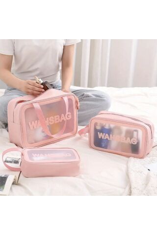 3 lü SET SEYEHAT MAKYAJ ÇANTASI ŞEFFAF ÇANTA PEMBE