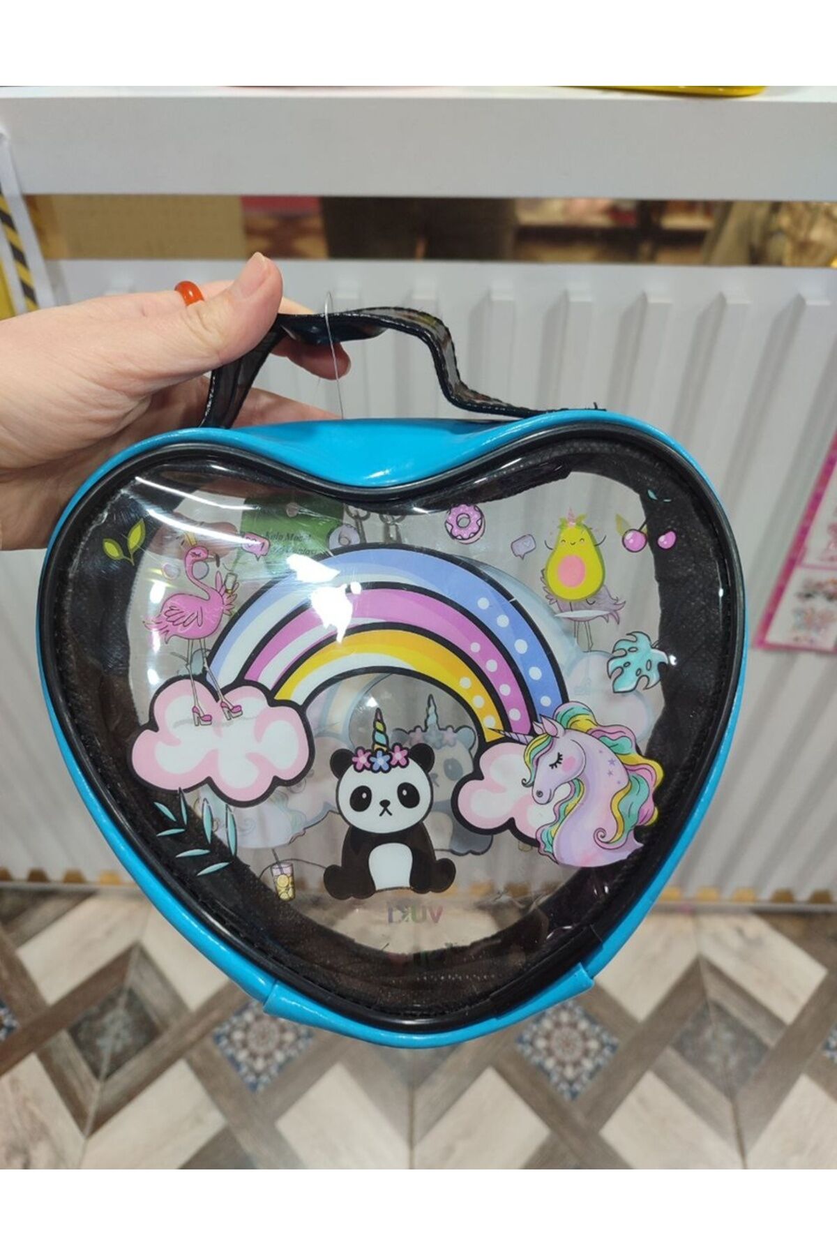 Kalp Model Makyaj Çantası Panda Gökkuşağı 20x20 cm