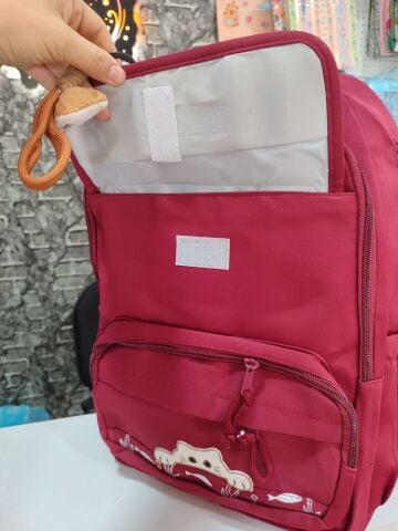 KEDİ DETAYLI BORDO RENK OKUL ÇANTASI İTHAL OKUL ÇANTASI