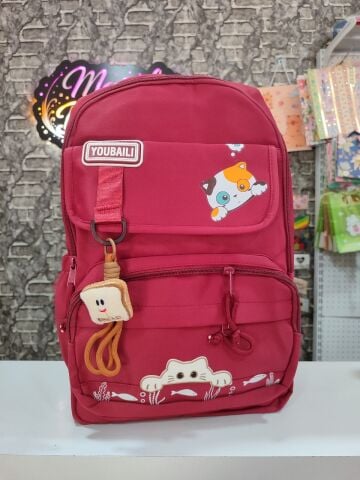 KEDİ DETAYLI BORDO RENK OKUL ÇANTASI İTHAL OKUL ÇANTASI