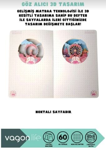 3D Katmanlı İllüstrasyon Sanat Tasarımlı Noktalı Defter 60 Yaprak 20,5x13,5cm