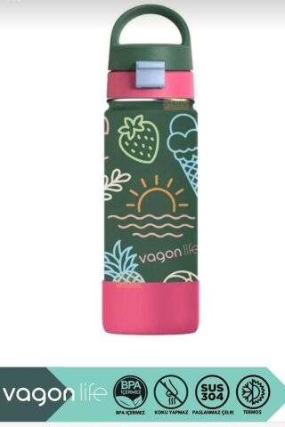 VAGONLİFE 550ml Desenli Pipetli/Pipetsiz Kullanım Kulplu Kaymaz Tabanlı Paslanmaz Çelik Termos