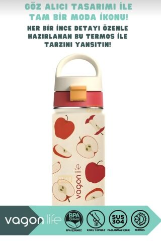 VAGONLİFE 550ml Desenli Pipetli/Pipetsiz Kullanım Kulplu Kaymaz Tabanlı Paslanmaz Çelik Termos