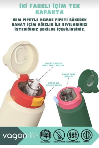 VAGONLİFE 550ml Desenli Pipetli/Pipetsiz Kullanım Kulplu Kaymaz Tabanlı Paslanmaz Çelik Termos