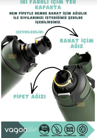 VAGONLİFE 700ml Düz Renkli Pipetli/Pipetsiz Kullanım Kulplu Kaymaz Tabanlı Paslanmaz Çelik Termos 1 ADET