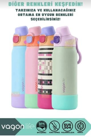 VAGONLİFE 700ml Düz Renkli Pipetli/Pipetsiz Kullanım Kulplu Kaymaz Tabanlı Paslanmaz Çelik Termos 1 ADET